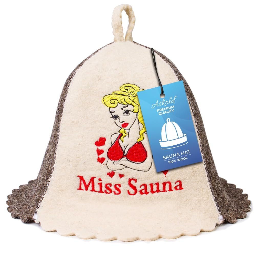 ASKOLD Wool Sauna Cap for Women to Protect Hair - Embroidered Miss Sauna, Finnish Felt Hat, Banya Hat, White and Grey, 7.625