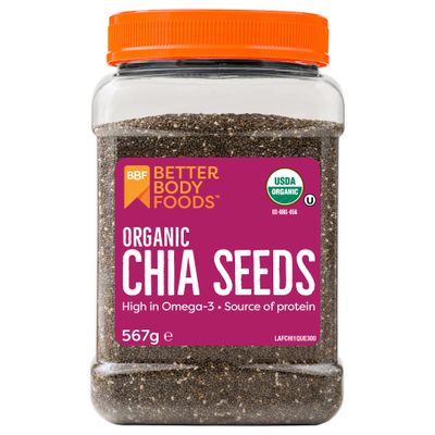 BetterBody Foods Organic Chia Seeds - Source of Omega-3, 5g of Protein, 10g of Fibre - Vegan, Keto, Gluten Free and Non-GMO Flavour Neutral Favourite - 567g