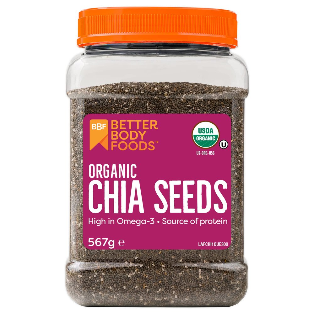 BetterBody Foods Organic Chia Seeds - Source of Omega-3, 5g of Protein, 10g of Fibre - Vegan, Keto, Gluten Free and Non-GMO Flavour Neutral Favourite - 567g