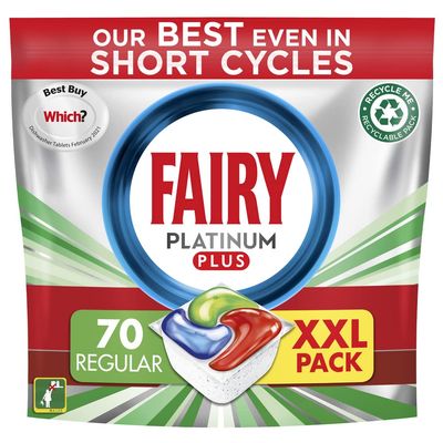 Fairy Platinum Plus All in One Dishwasher Tablets, Regular, 70 Tablets, Our Best Cleaning For A Clean Like New, Removes Dullness & Prevents Limescale x3