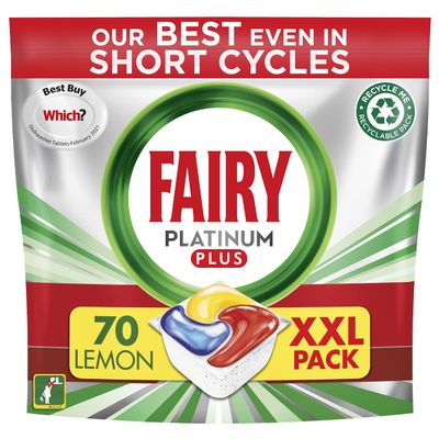 Fairy Platinum Plus All-In-1 Dishwasher Tablets Bulk, 70 Tablets, Lemon, XXL PACK, With Anti-Dull Technology & Rinse Aid Action