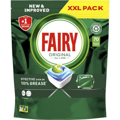 Fairy Original All in One Dishwasher Tablets, Regular, 70 Capsules, Effective Even On Dried-On Grease