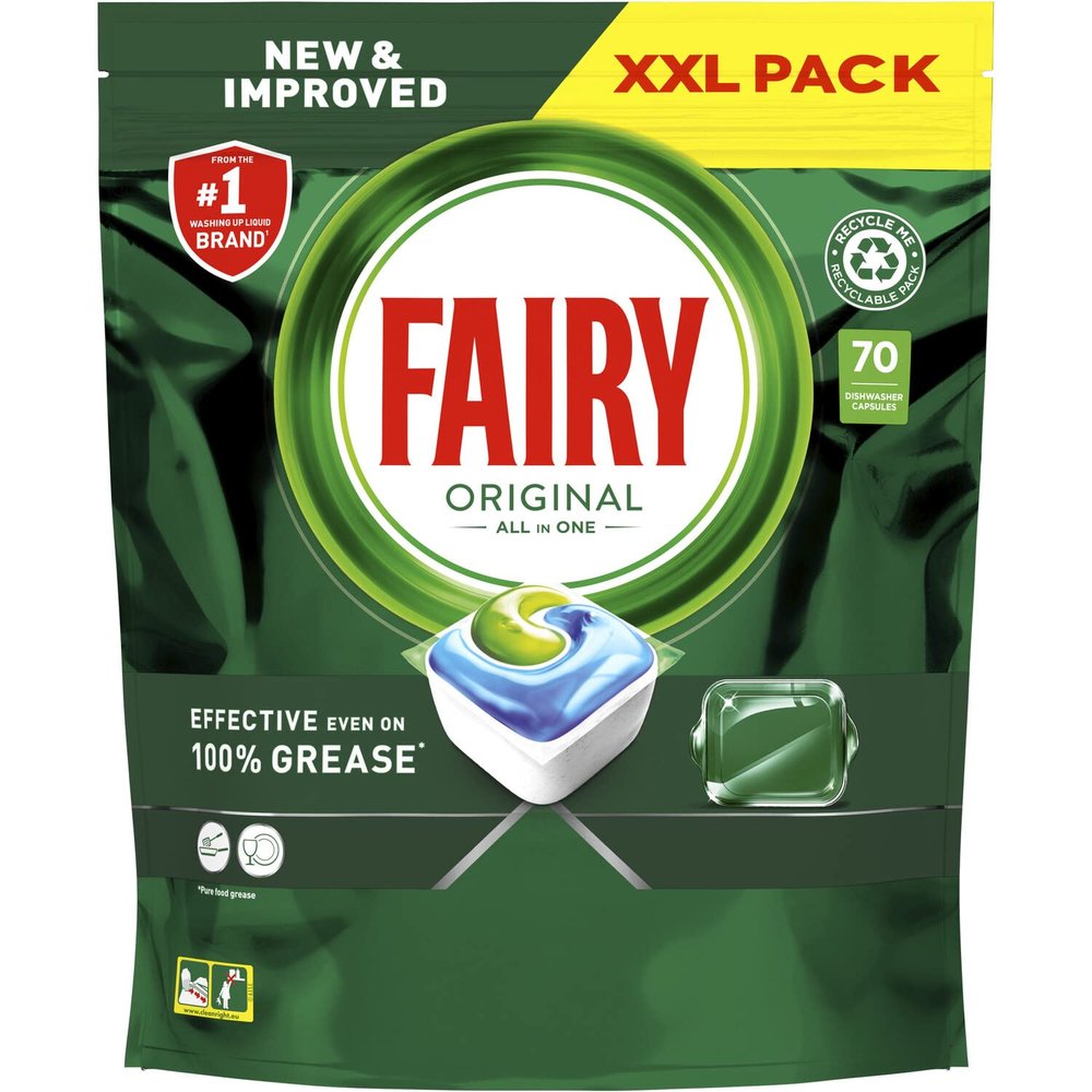 Fairy Original All in One Dishwasher Tablets, Regular, 70 Capsules, Effective Even On Dried-On Grease