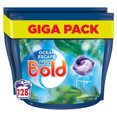 Bold All-in-1 PODS, Washing Liquid Detergent Tablets / Capsules 128 Washes (64X2) Ocean Escape, Washing Detergent For Brilliant Cleaning With Built-In Fabric Softener