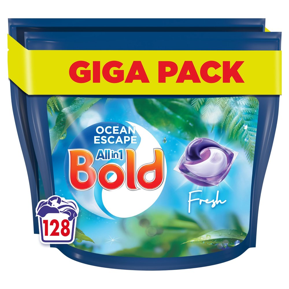 Bold All-in-1 PODS, Washing Liquid Detergent Tablets / Capsules 128 Washes (64X2) Ocean Escape, Washing Detergent For Brilliant Cleaning With Built-In Fabric Softener