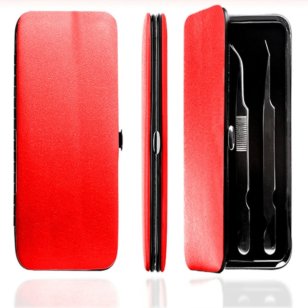 PU Leather Empty Tweezers Storage Bag Magnetic Lash Tweezers Case Anti- Organizer for Eyelash Grafting Extension Tweezers (Red)