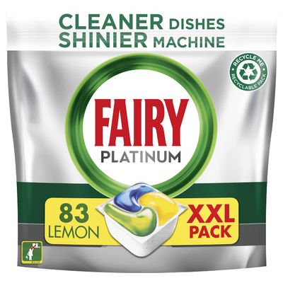 Fairy Platinum All in One Dishwasher Tablets, Lemon, 83 Capsules, For tough Challenges, Even Cleans Greasy Filters