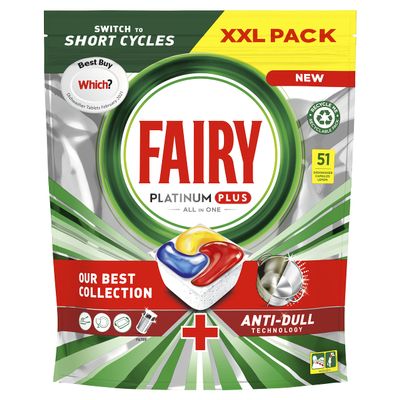 Fairy Platinum Plus All in One Dishwasher Tablets, Lemon, 51 Tablets, Our Best Cleaning For A Clean Like New, Removes Dullness & Prevents Limescale x4