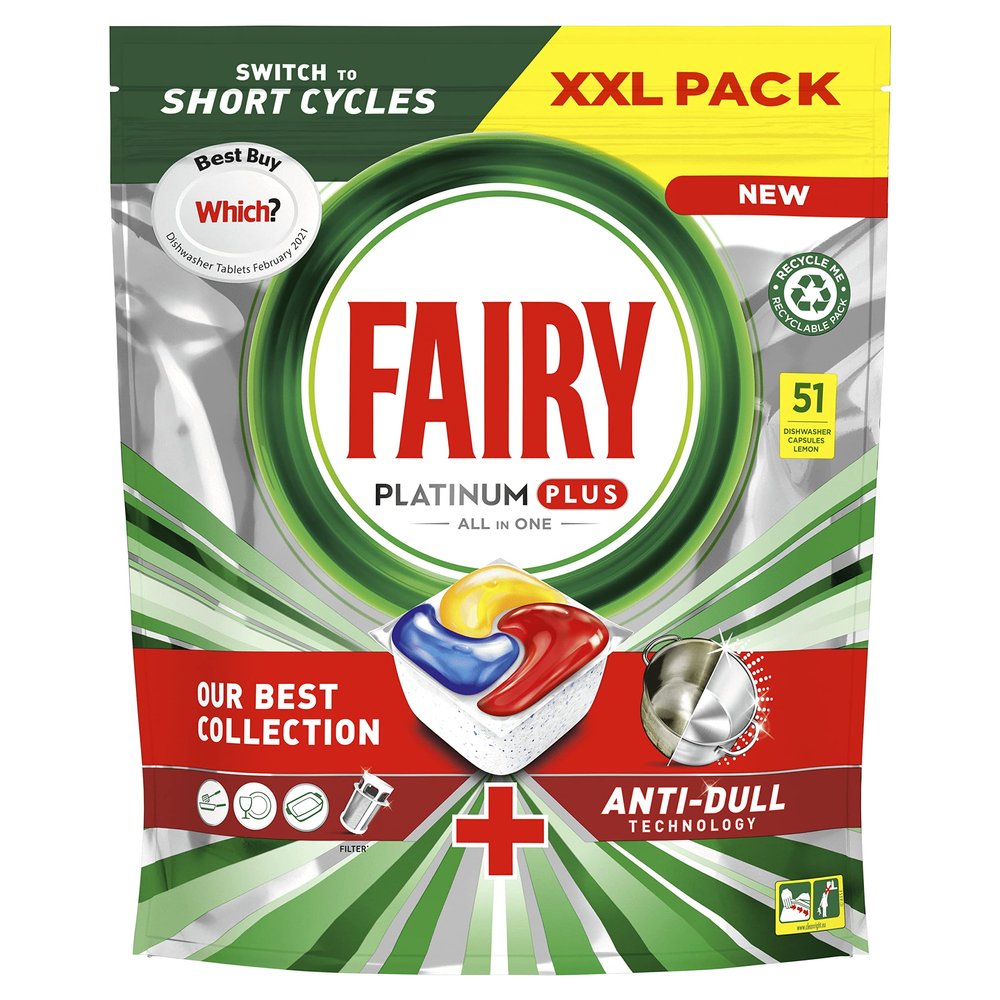 Fairy Platinum Plus All in One Dishwasher Tablets, Lemon, 51 Tablets, Our Best Cleaning For A Clean Like New, Removes Dullness & Prevents Limescale x4