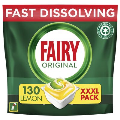 Fairy Original All in One Dishwasher Tablets, Lemon, 130 Capsules, Effective Even On Dried-On Grease