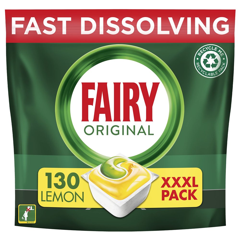 Fairy Original All in One Dishwasher Tablets, Lemon, 130 Capsules, Effective Even On Dried-On Grease