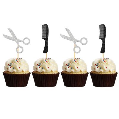 MonMon & Craft Barber Theme Cupcake Toppers / Makeup Barber Birthday Cupcake Toppers / Haircut Salon Party Decorations / Black Silver Glitter - 24 Pcs