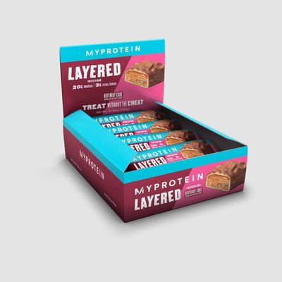 MyProtein Layered Bar - Birthday Cake, 12 Bars Net Wt. 27.94 oz (792 g). Five layers of taste and indulgence. Each Bar weighs 2.33 oz (66g) and has 20 g protein and 3g sugar.