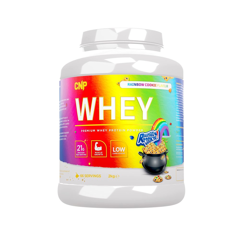 CNP Professional Premium Whey Protein Powder 2kg & 900g, 21g Protein, Low Carb, Easy Digestion, 66/30 Servings, Vegetarian, Halal, 12 Great Flavours (2kg, Rainbow Cookie)