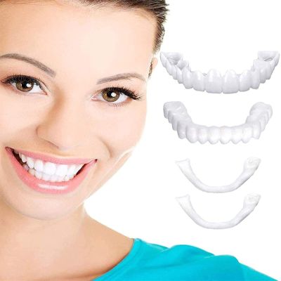 2 Pairs Cosmetic Teeth, Veneers Snap in Teeth - Instant Perfect Smile Fake Teeth Veneers (Work for Top and Bottom) - Perfect False Teeth Braces to Make White Tooth Beautiful Neat, 2 Top + 2 Bottom