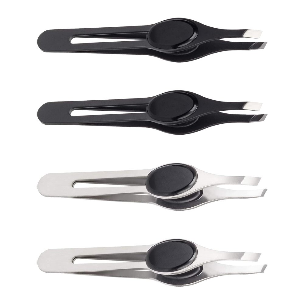 4 Pcs Stainless Steel Eyebrow Tweezers Non-Slip Grip Slant Tip Tweezers Hair Removal Makeup Tools for Shaping, Plucking Facial Hairs