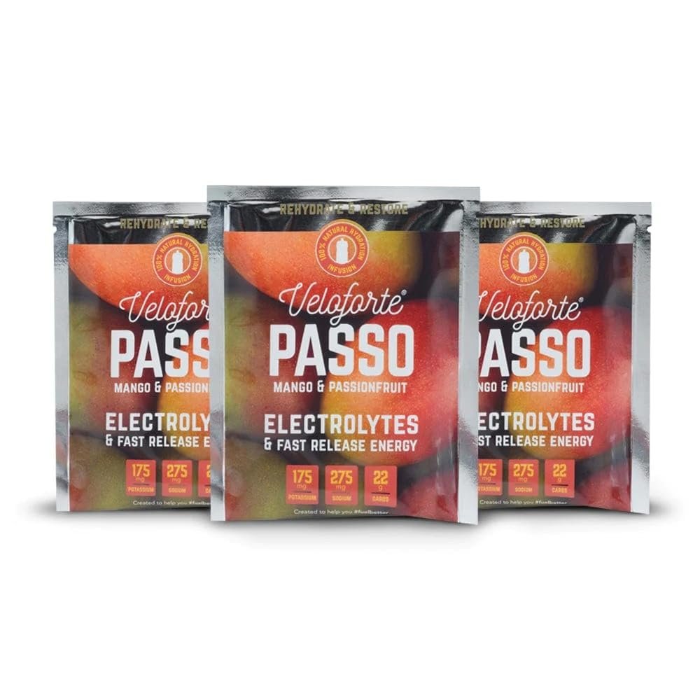 Veloforte Passo Natural Electrolyte Powder, Fast-Release Electrolytes & Energy for Hydration & Performance, Mango & Passionfruit Flavour, Perfect for During & After Exercise (9)