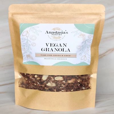 Vegan Gluten free Granola | Dark Cocoa, Roasted peanuts and Toasted Coconut flakes, Healthy, Handmade Artisan Breakfast Cereal, Anastasia's Pantry, 450g (four hundred and fifty grams)