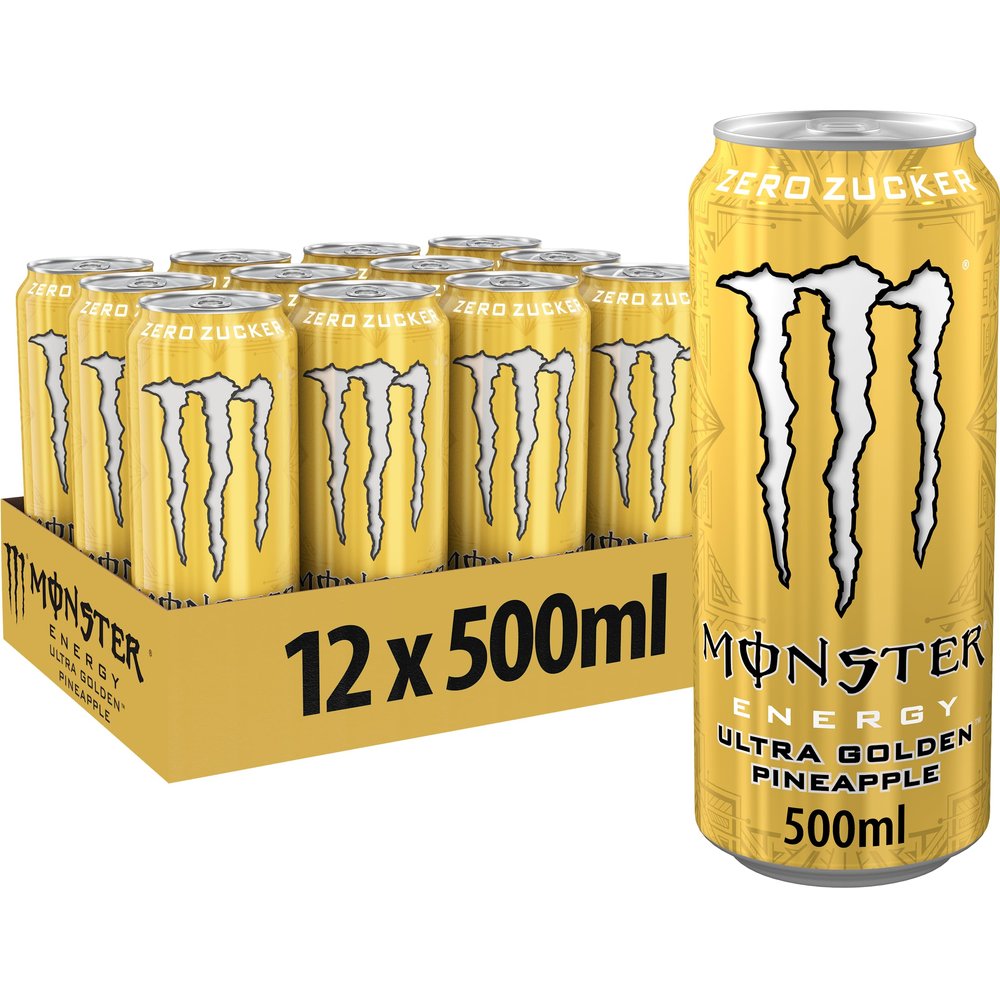Monster Energy Ultra Gold - Caffeinated Energy Drink with Fruity Pineapple Flavour - No Sugar and No Calories - in Practical Disposable Tins (12 x 500 ml)
