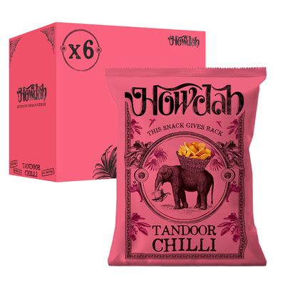 Howdah Indian Snacks Tandoor Chilli - Crunchy Ribbon Crisps with Dry Exotic Spices, Zesty Ancient Grain Snack Share Bags or Party Food Snacks - With Aromatic Cumin & Tandoor Spices - 130g (Pack of 6)