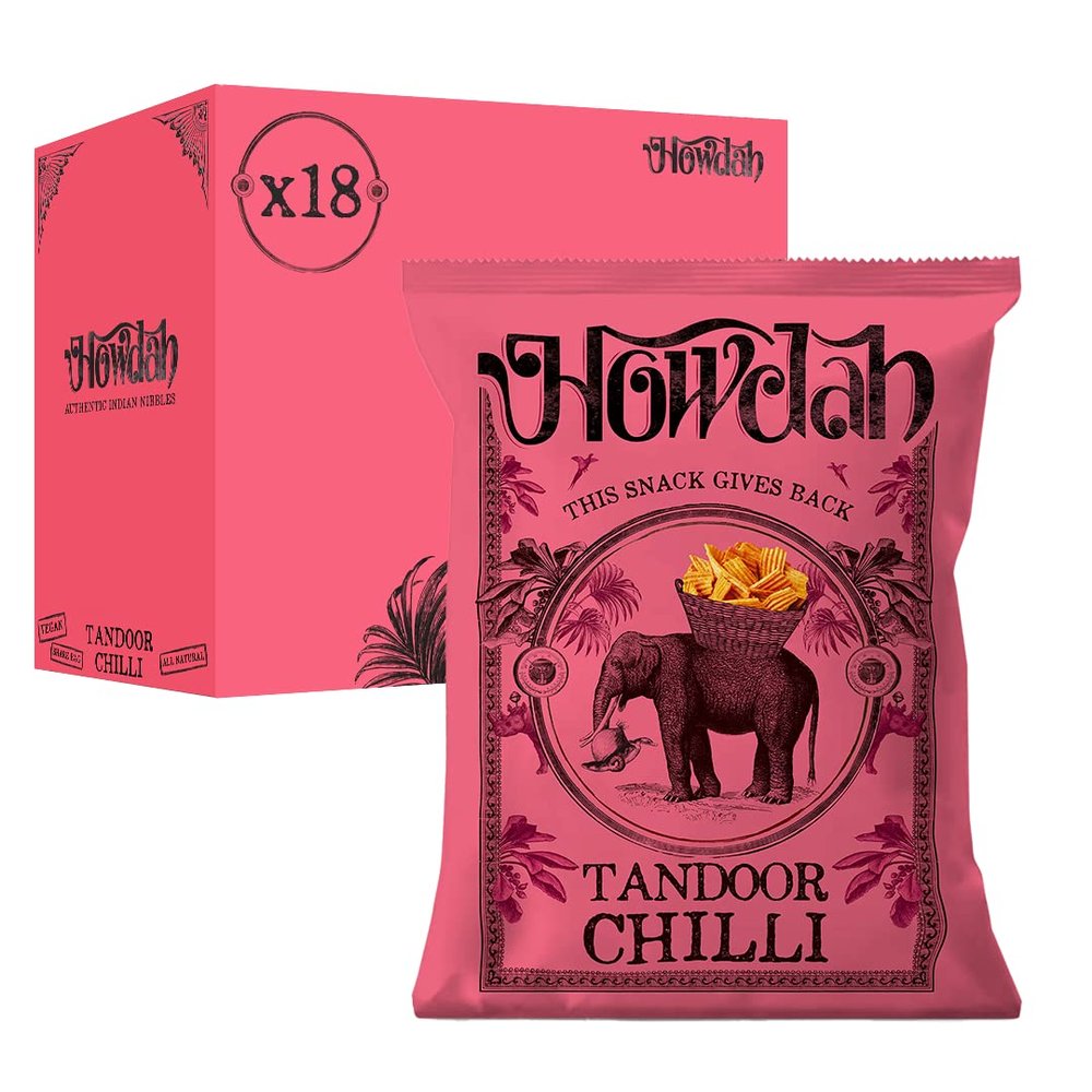 Howdah Indian Snacks Tandoor Chilli - Crunchy Ribbon Crisps with Dry Exotic Spices, Zesty Ancient Grain Snack Share Bags or Party Food Snacks - With Aromatic Cumin & Tandoor Spices - 35g (Pack of 18)