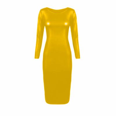 Simple Plus Size Big O-Neck Long Dress Women Faux Leather Long Sleeve Shiny Metallic Clubwear Bodycon Maxi Dress,Light Gold,XL