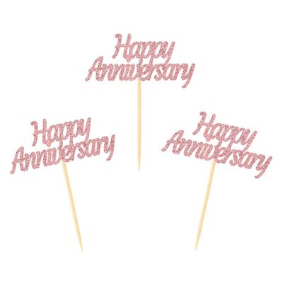 24 Pieces Rose Gold Happy Anniversary Cupcake Toppers Cake Picks for Wedding Anniversary Party Table Decorations