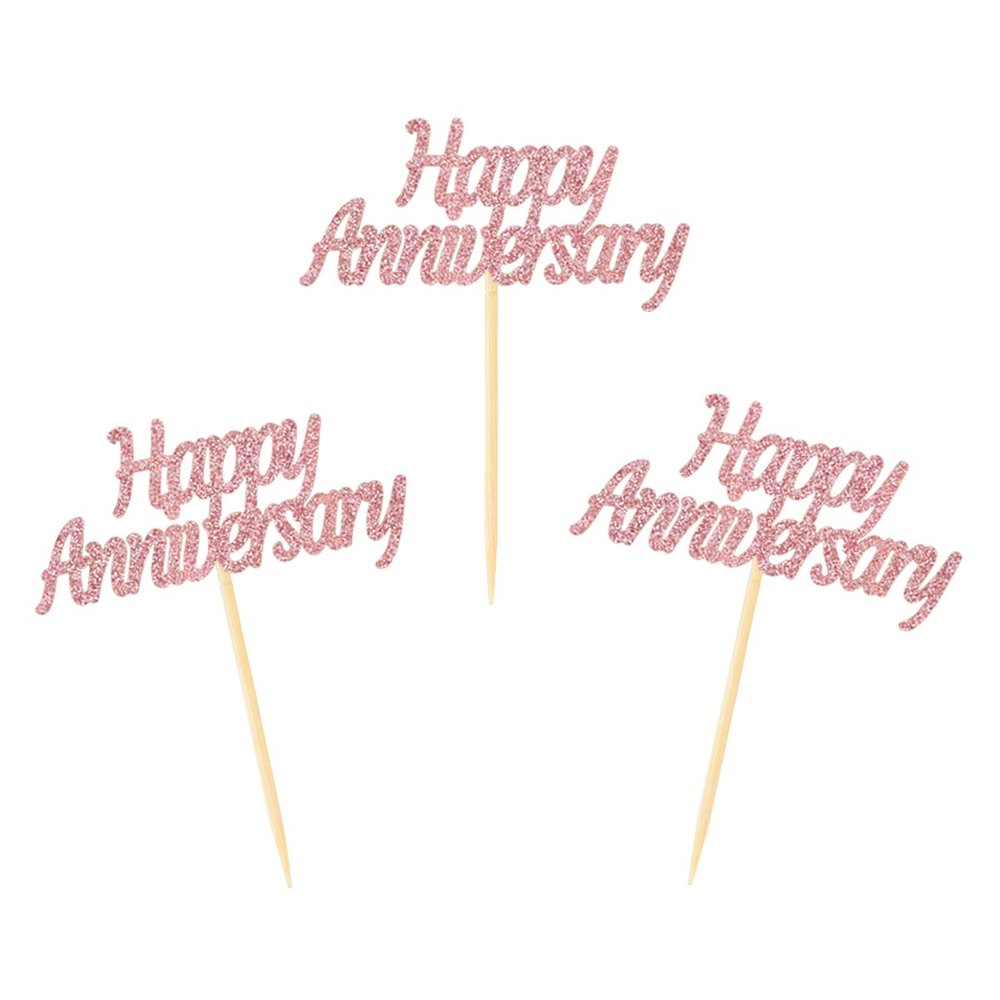 24 Pieces Rose Gold Happy Anniversary Cupcake Toppers Cake Picks for Wedding Anniversary Party Table Decorations