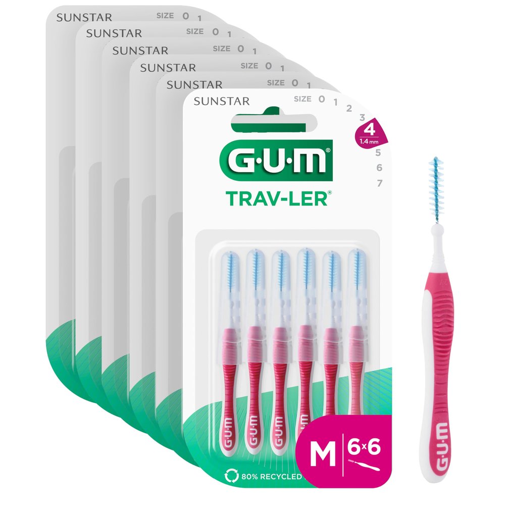 GUM TRAV-LER Professional Interdental Brushes, Silver, Hard, 1.4mm [36 Units, ISO 4], Antibacterial Protection, Ergonomic Handle, Coated Wire, Reusable up to a Week