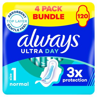 Always Ultra Day Sanitary Towels Normal (Size 1) With Wings 4 x 30 Pads, Super Absorbent And Ultra Thin, For Menstrual Periods
