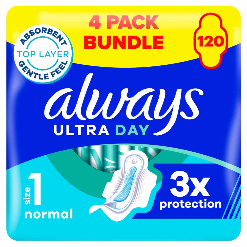Always Ultra Day Sanitary Towels Normal (Size 1) With Wings 4 x 30 Pads, Super Absorbent And Ultra Thin, For Menstrual Periods