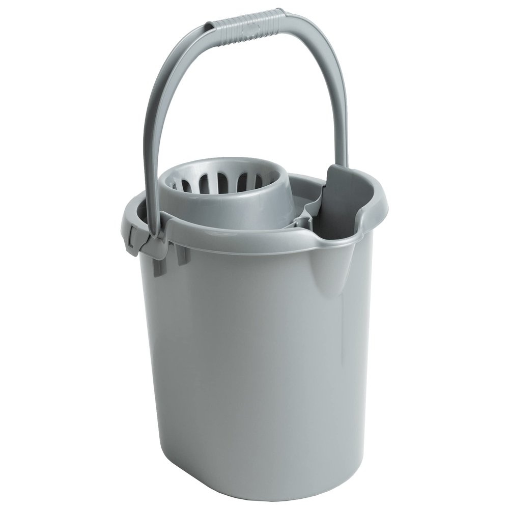 16 Litre Deluxe Mop Bucket 16L Plastic Floor Cleaning Bucket with Removeable Wringer Attached | Easy Grip Carry Handle (Silver/Grey)