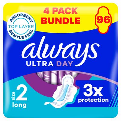 Always Ultra Sanitary Towels Long (Size 2) Wings X 24 Pads, Super Absorbent and Ultra Thin, for Menstrual Periods 24 x 4