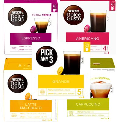 Nescaf Dolce Gusto PICK ANY 3 Coffee Pods from 6+ Flavours Inc. Cappuccino, Americano, Grande, Latte Macchiato and Espresso (Total 3 Pack, 90 Capsules)