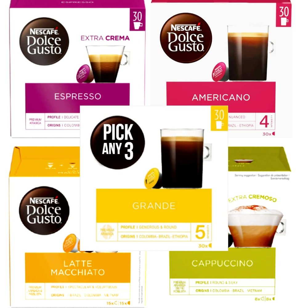Nescaf Dolce Gusto PICK ANY 3 Coffee Pods from 6+ Flavours Inc. Cappuccino, Americano, Grande, Latte Macchiato and Espresso (Total 3 Pack, 90 Capsules)