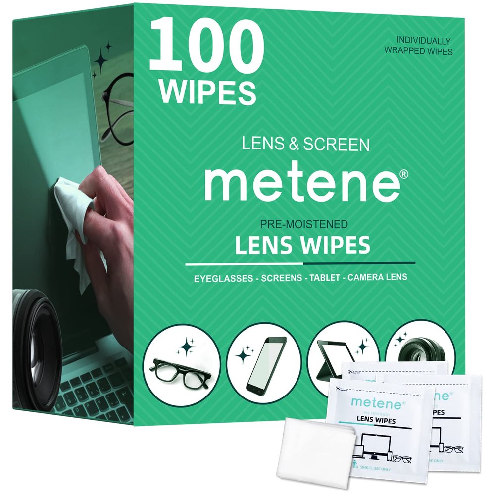 Metene 100 Pack Lens Cleaning Wipes, Pre-Moistened and Individually Wrapped Eyeglass Wipes, Glasses Cleaner for Eyeglasses, Camera Lens, Tablets, Phone, Computer Screen and Other Delicate Surfaces