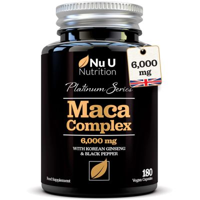 Black Maca Root 6000mg - 180 Vegan Capsules - Premium Peruvian Maca - Korean Panax Ginseng & Pepper - High Strength Complex for Men & Women - 6 Month Supply - Made in The UK - Nu U Nutrition