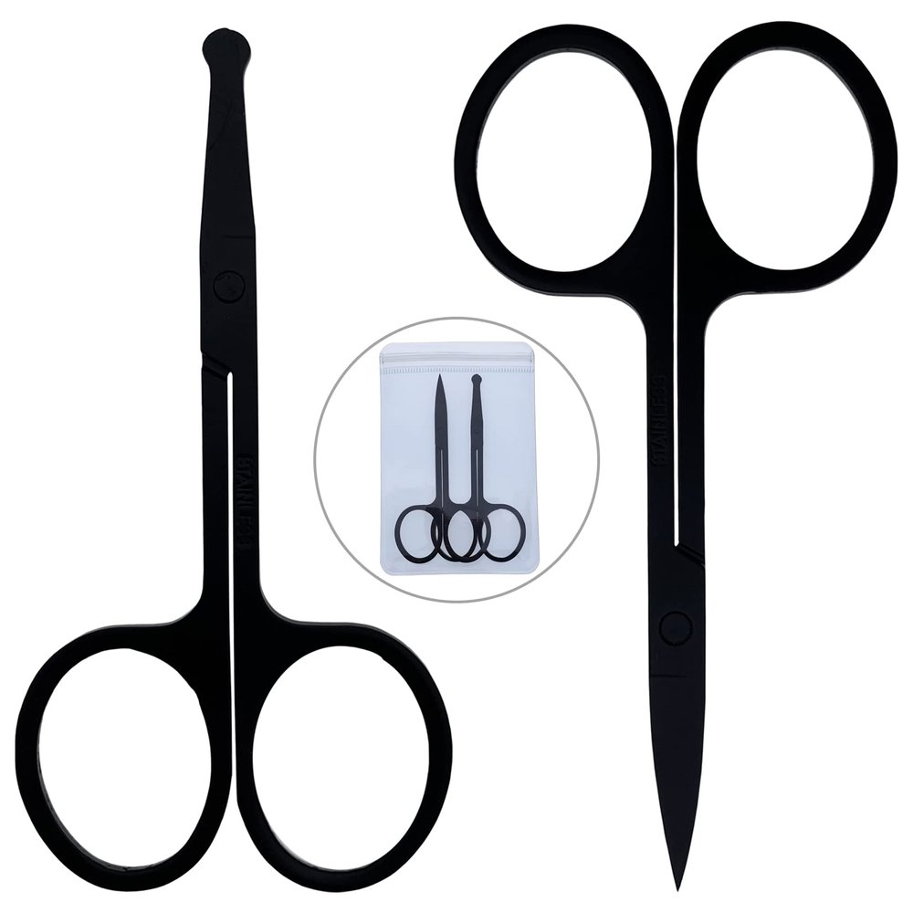 2Pcs Stainless Steel Nose Facial Hair Scissors, Beard Eyebrow Eyelash Trimmer for Men&Women