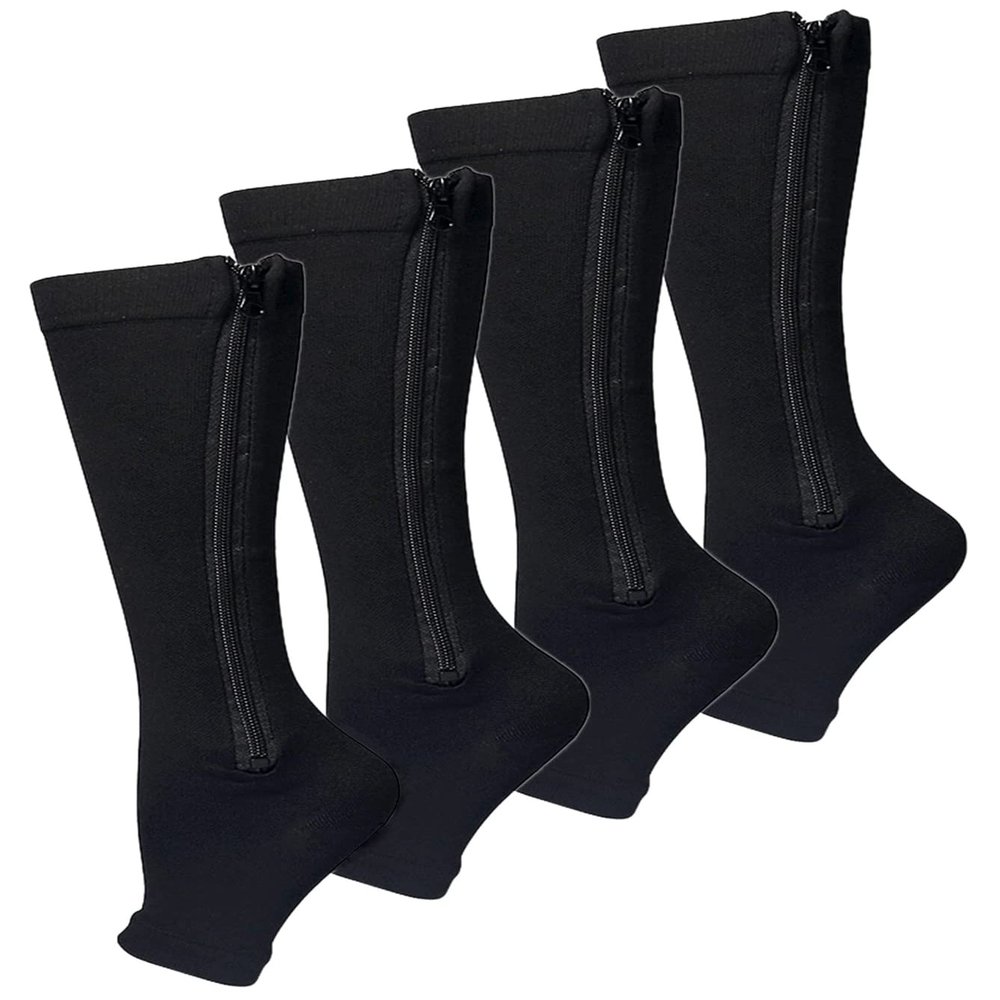 CRETUAO 2 Pair Zipper Women Compression Stockings Burn Fat Socks Open Toe Girl Compression Slim Beauty Leg,Black,L/XL