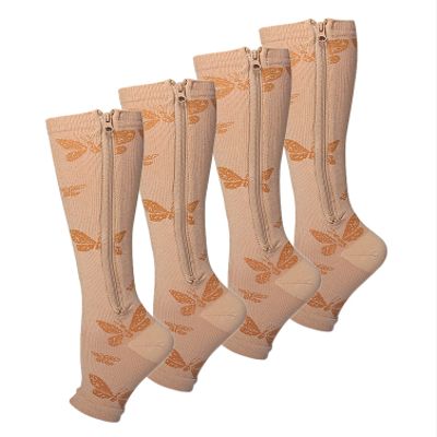 CRETUAO 2 Pair Zipper Women Compression Stockings Burn Fat Socks Open Toe Girl Compression Slim Beauty Leg,Butterfly Print,L/XL