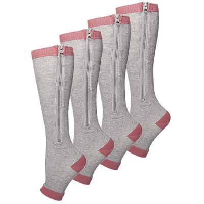 CRETUAO 2 Pair Zipper Women Compression Stockings Burn Fat Socks Open Toe Girl Compression Slim Beauty Leg,Grey,L/XL