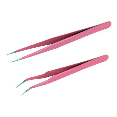 2 Pcs Eyelash Tweezers, Straight and Curved Tip, Eyelash Extension Tweezers (Pink)