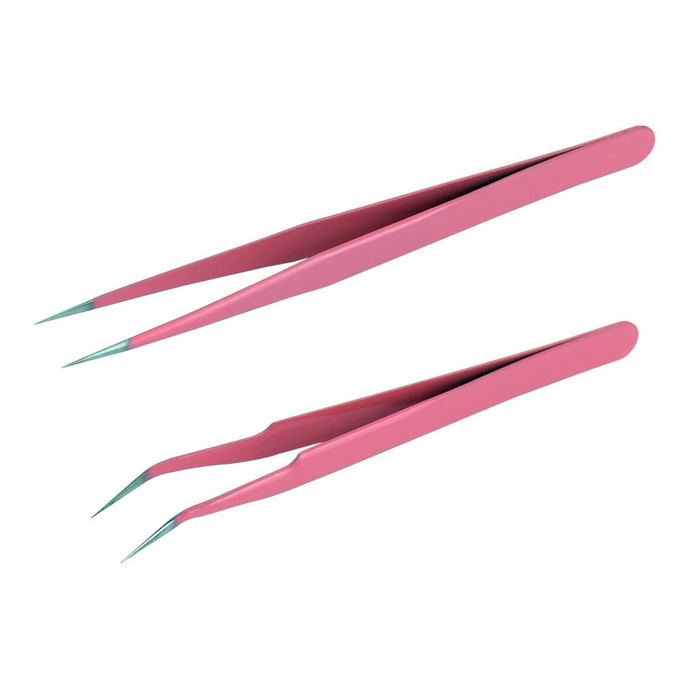 2 Pcs Eyelash Tweezers, Straight and Curved Tip, Eyelash Extension Tweezers (Pink)