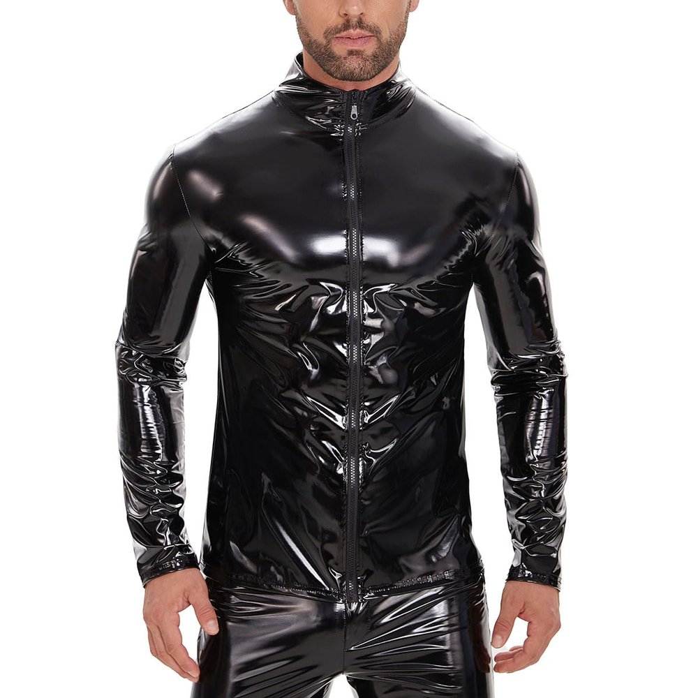 Men Sexy Leather Shirt, Glossy, Plus Size, Full Zipper, Shiny Latex Coat For Male, Red, Black, 4XL