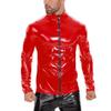 Men Sexy Leather Shirt, Glossy, Plus Size, Full Zipper, Shiny Latex Coat For Male, Red, Black, 4XL view 2
