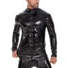 Men Sexy Leather Shirt, Glossy, Plus Size, Full Zipper, Shiny Latex Coat For Male, Red, Black, 4XL view 3