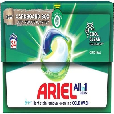 Ariel All-in-1 Pods, Washing Liquid Laundry Detergent Tablets and Capsules 34 Washes, Original, Brilliant Stain Removal Even In A Cold Wash