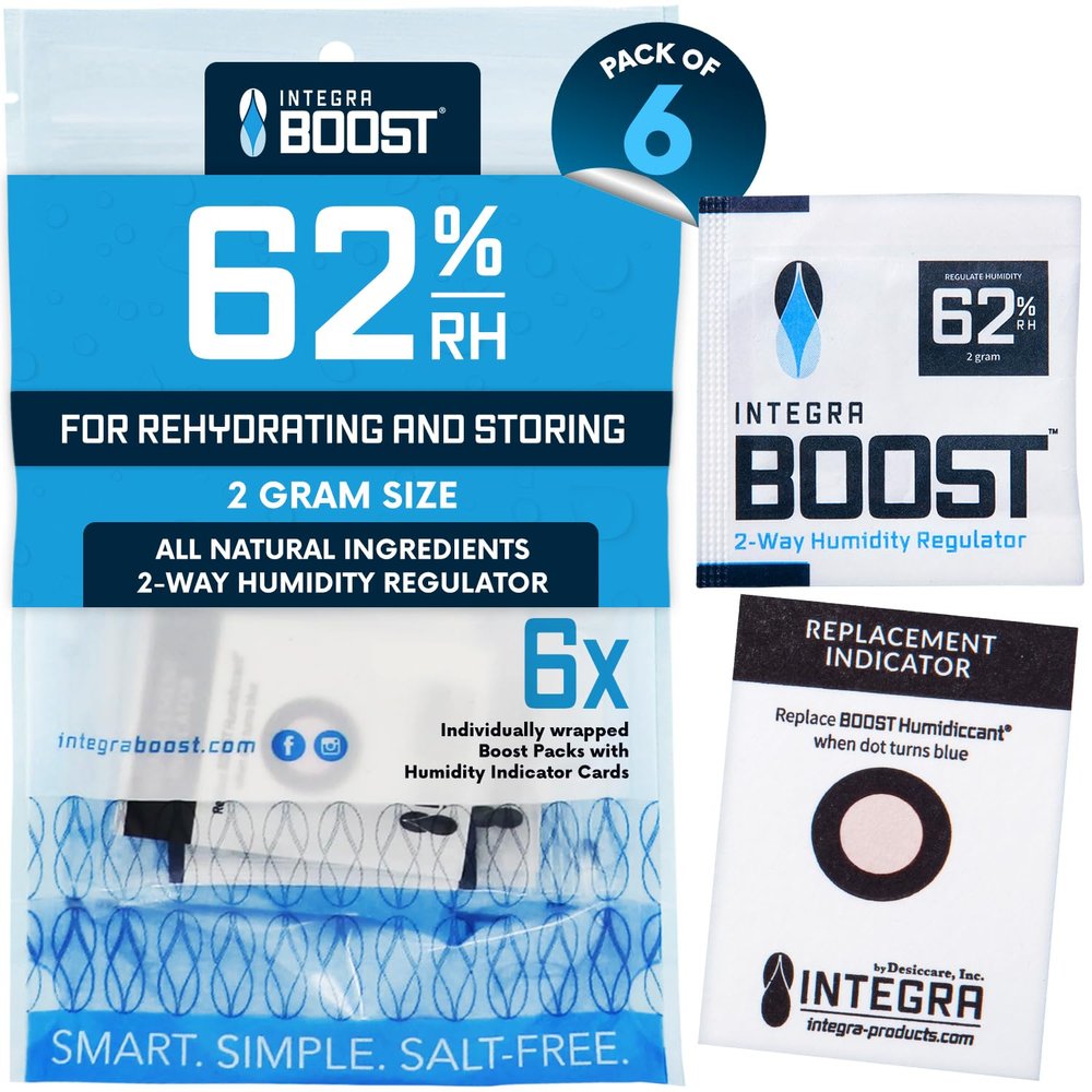 Integra Boost - 62% RH Level - 2 Gram Size - Two-Way Humidity Control Pack Incl. Replacement Indicator Cards - Moisture Balancer Packet For Food Storage & Preserving Herbs, Protects 1/4 Oz (Pack of 6)