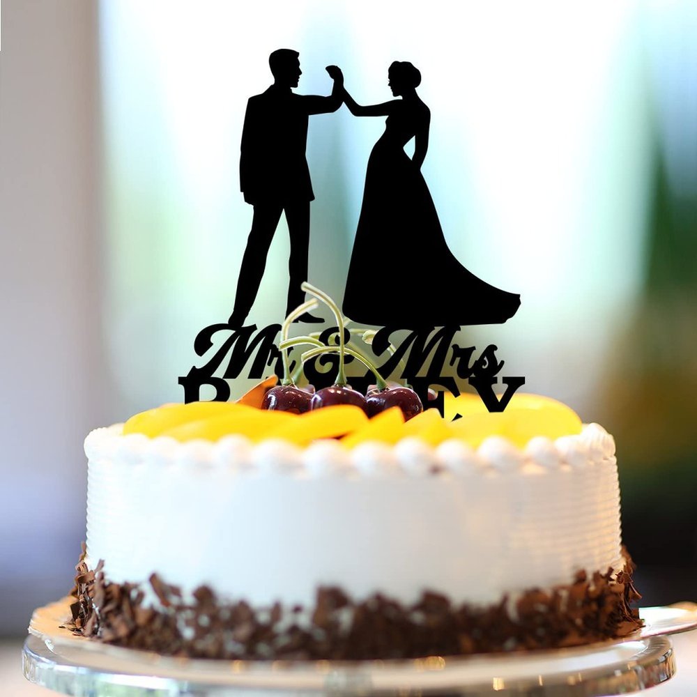 Mr & Mrs Silhouette Cake Topper Personalized Names Est Date Silhouette Elegant Bride And Groom Cake Topper For Wedding Engagement Party Supplies Wedding Gifts For Couple Acrylic Black
