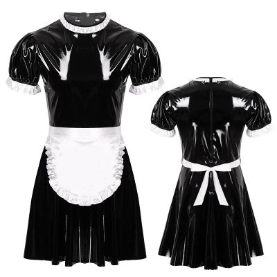 Mens Male Sissy Maid Dress Cosplay Costume Sexy Clubwear Puff Sleeve Wetlook Latex Maid Servant Uniform Flared Dress with Apron,Black,XXL